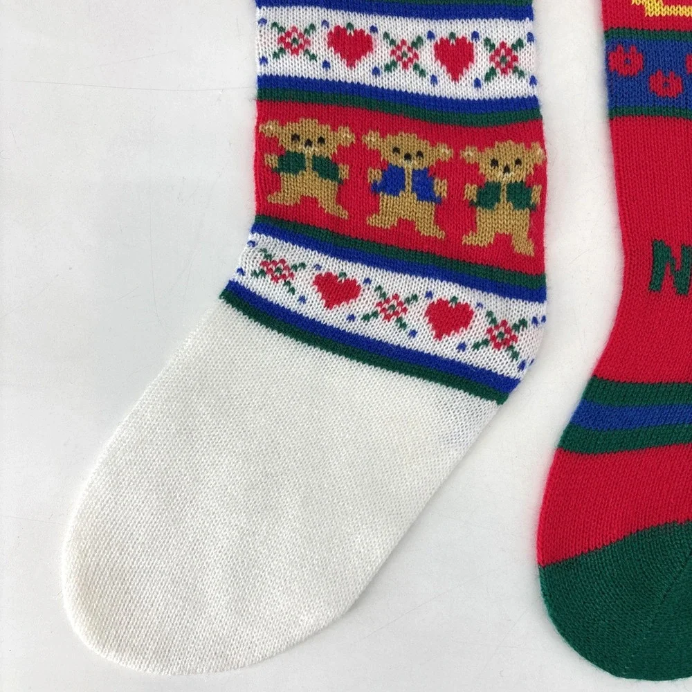 VTG Christmas Stocking LOT Kurt Adler Knit Hearts & Bears &‎ NOEL Rocking Horse